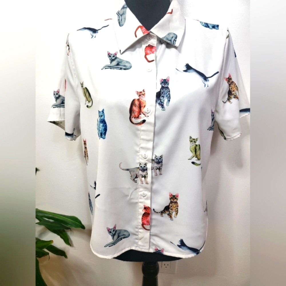 Cat Print Button Shirt Graphic Pattern Short Slee… - image 1